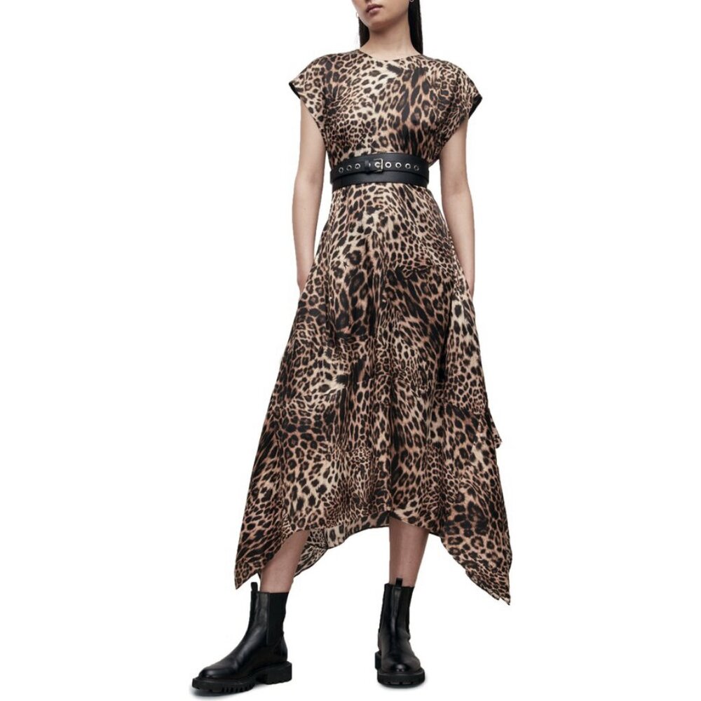NEW Allsaints Gianna Kiku Animal Print Asymmetric Hem Midi Dress Size US 4